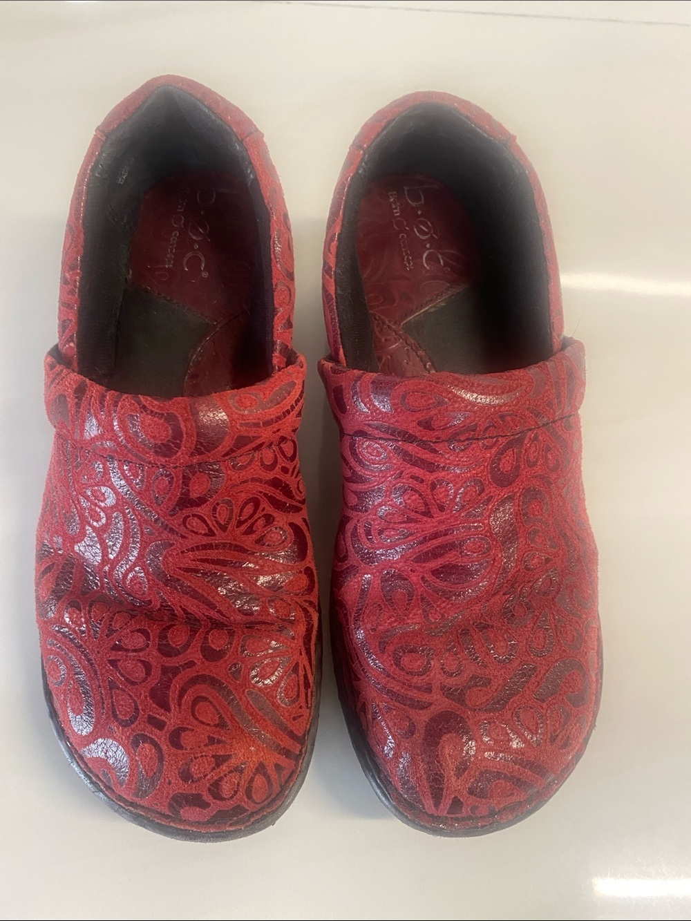 B O C Red Embossed Slip-On Clogs